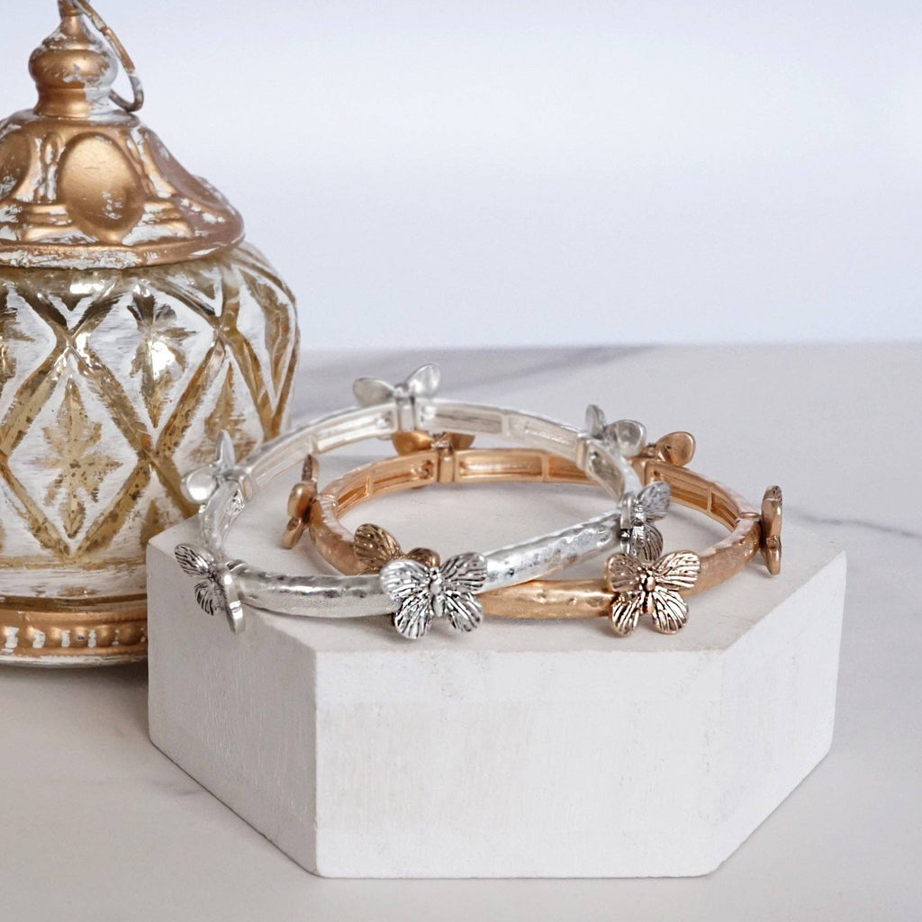 Boho Butterfly Bangle – Worn Silver or Gold Tone: Silver Tone