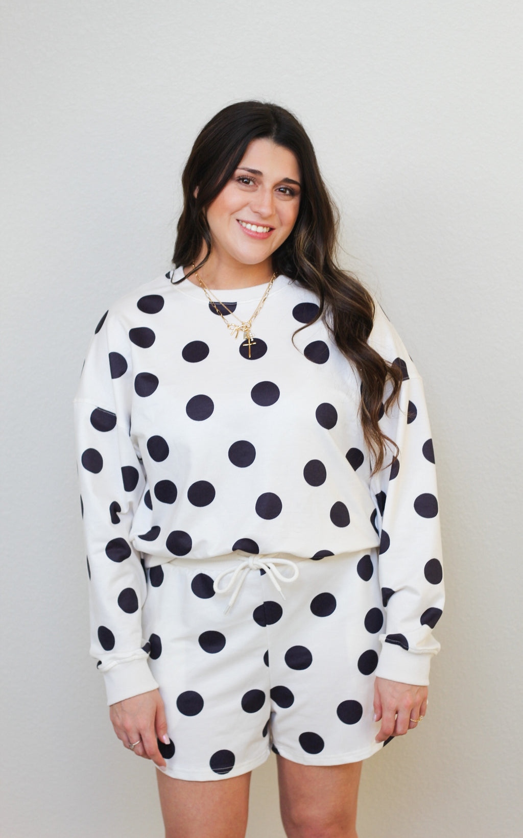 LDC Polka Dot Pullover Drawstring Short Set: Beige / XL