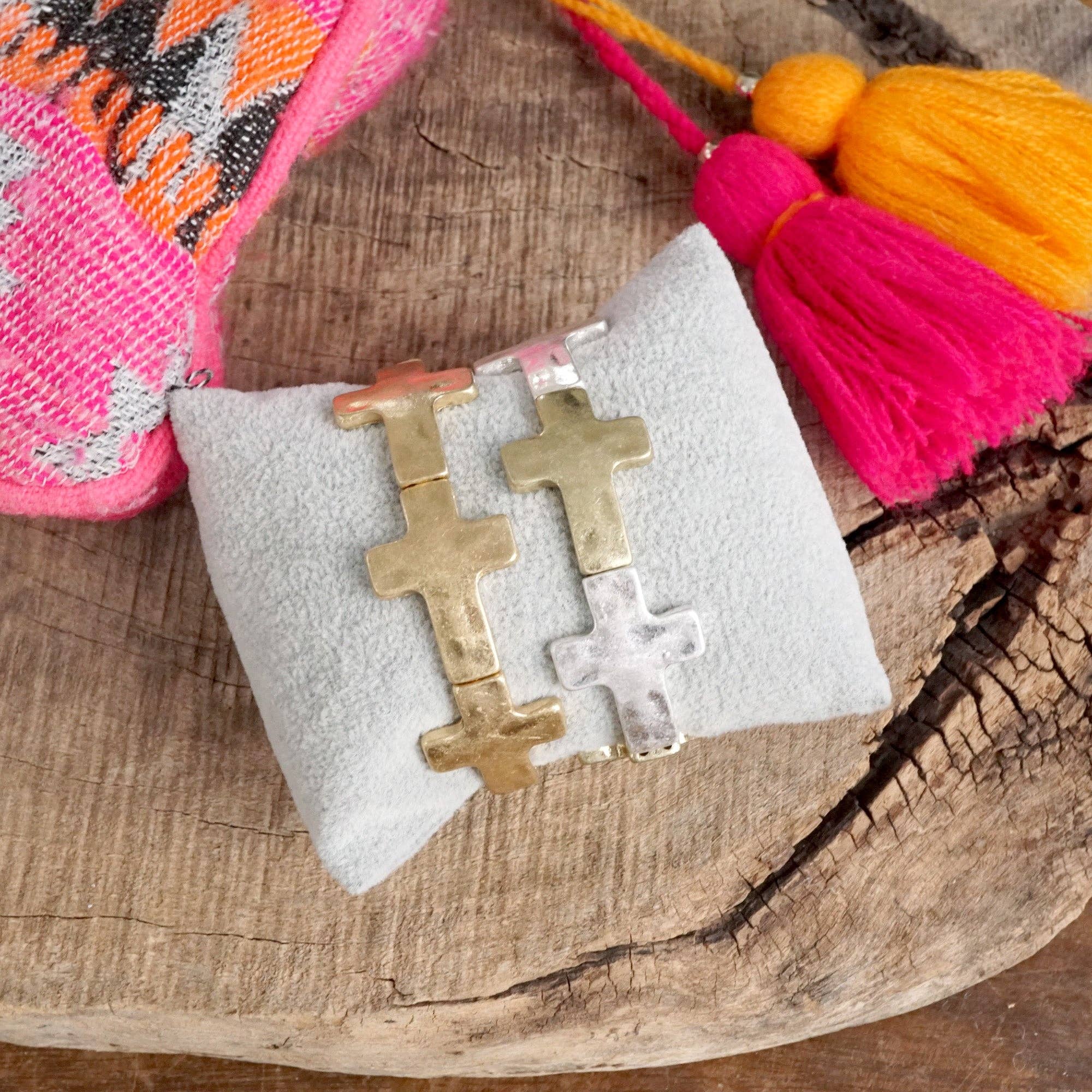 Hammered Sideways Cross Bracelet in Worn Silver Gold Tone Boho Style: Worn Silver and Gold Tones