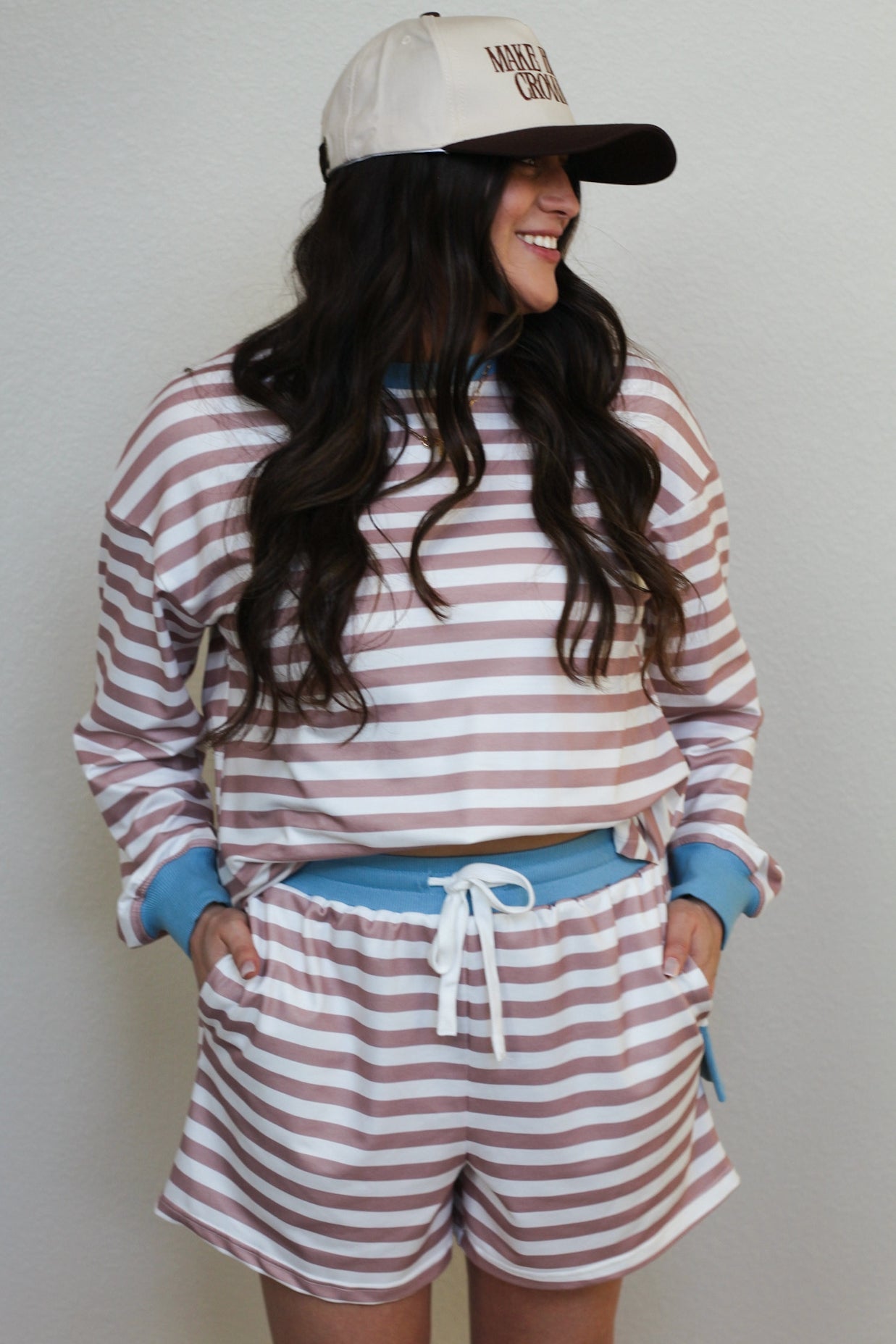 LDC Stripe Patchwork  Pullover Drawstring Shorts 2pcs Set: Khaki / S