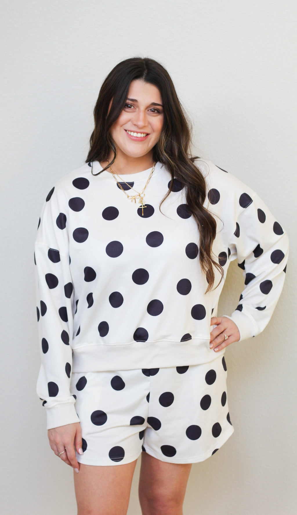 LDC Polka Dot Pullover Drawstring Short Set: Beige / XL