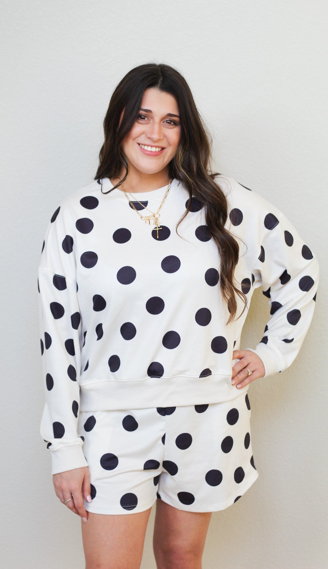 LDC Polka Dot Pullover Drawstring Short Set: Beige / L