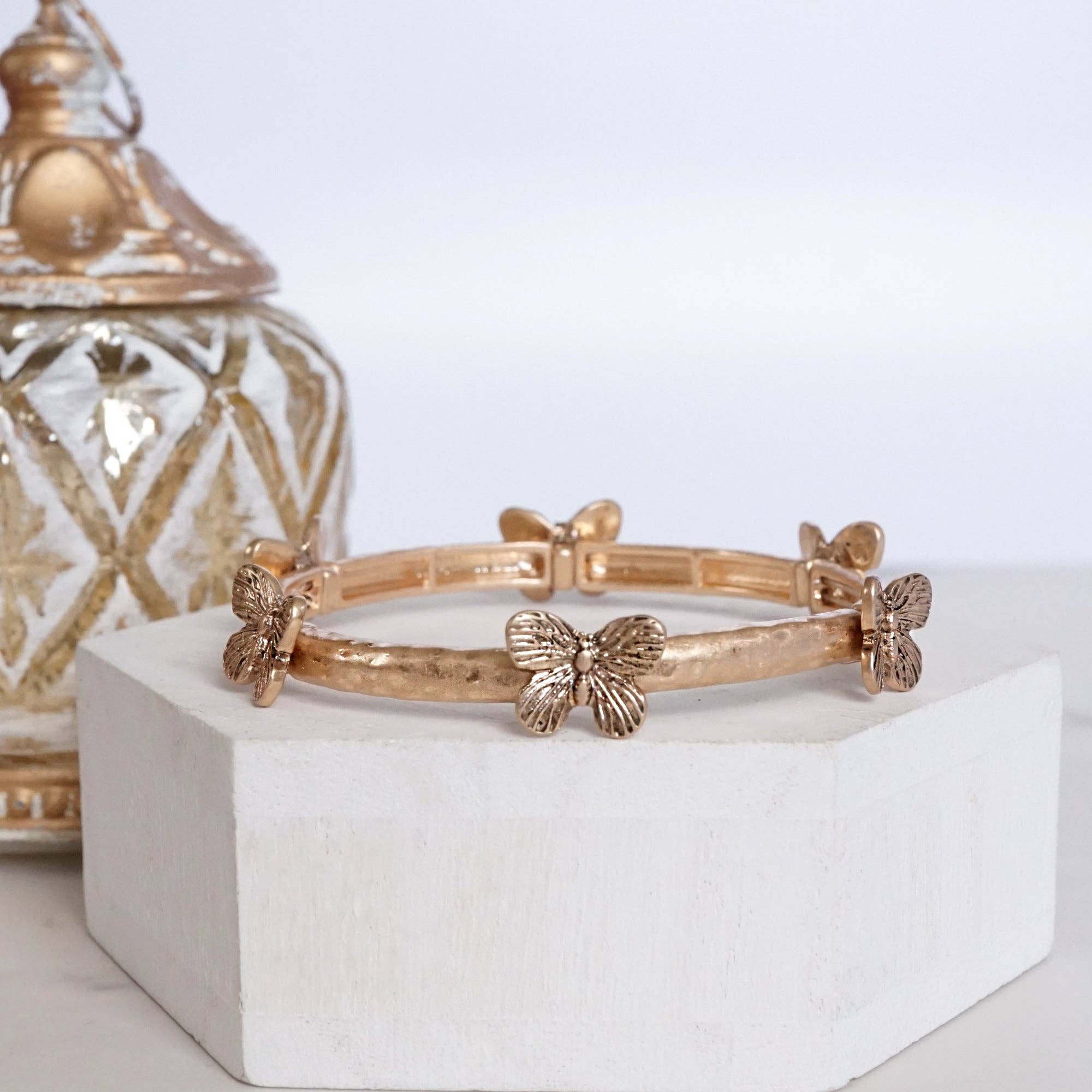 Boho Butterfly Bangle – Worn Silver or Gold Tone: Silver Tone