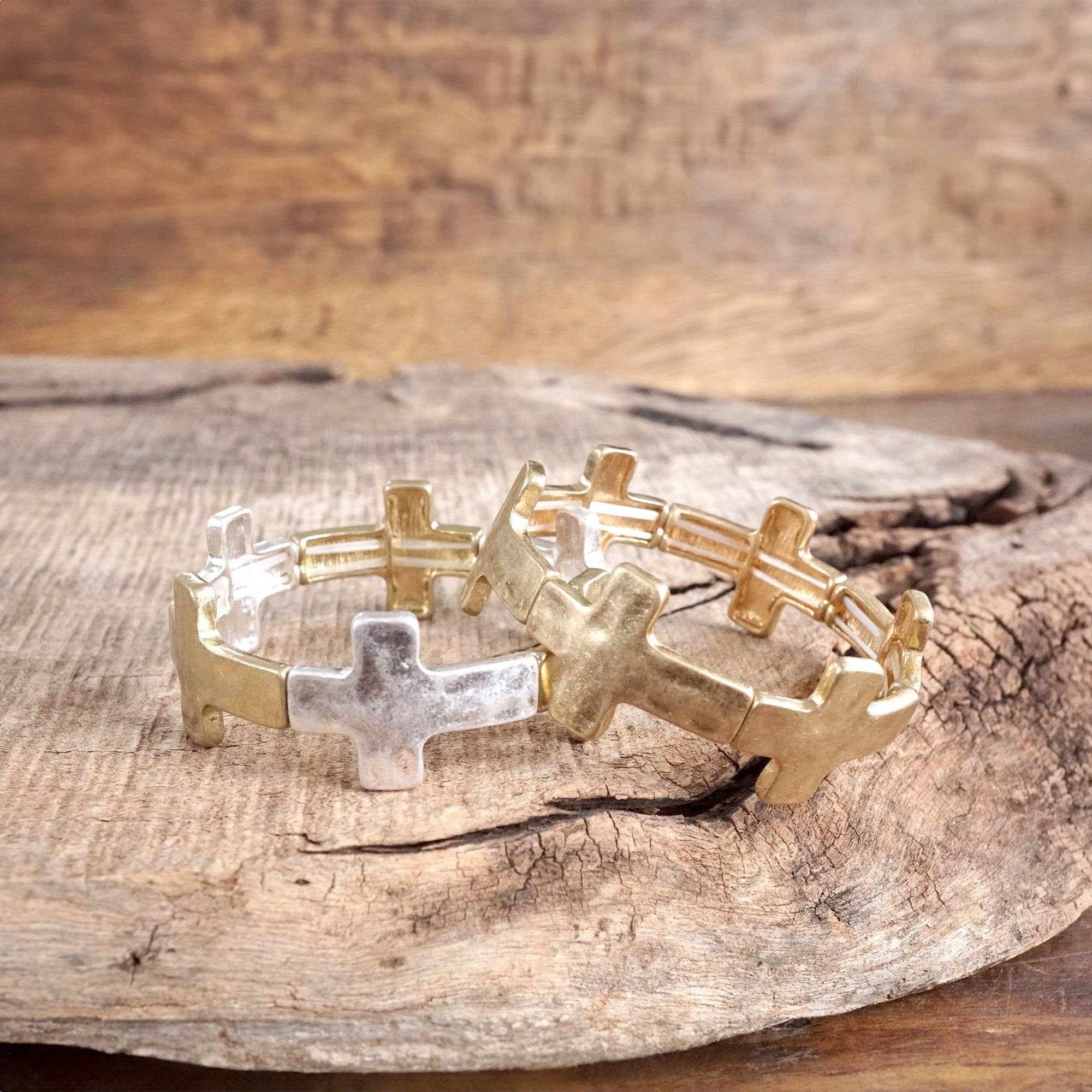 Hammered Sideways Cross Bracelet in Worn Silver Gold Tone Boho Style: Worn Silver and Gold Tones