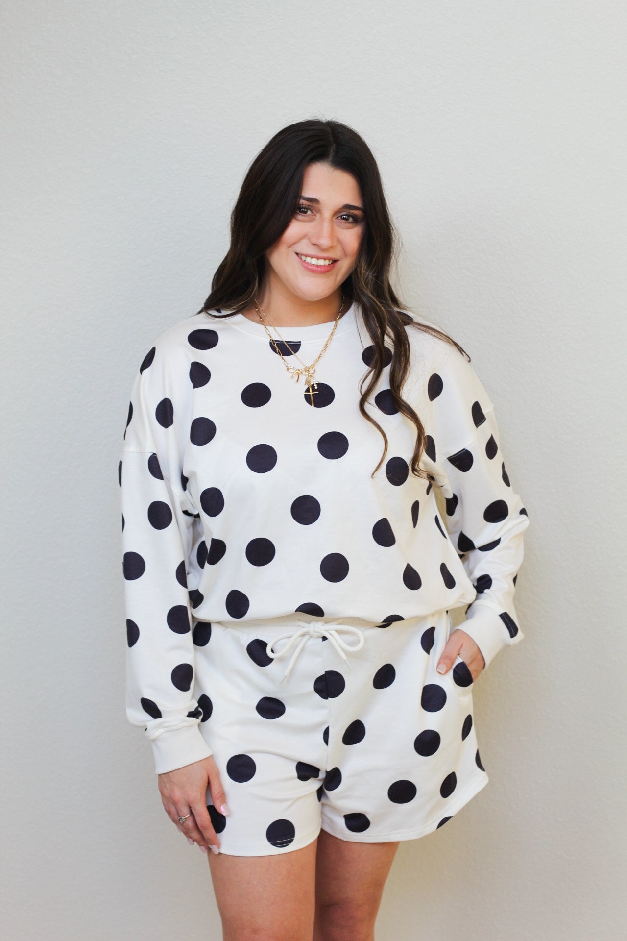 LDC Polka Dot Pullover Drawstring Short Set: Beige / L