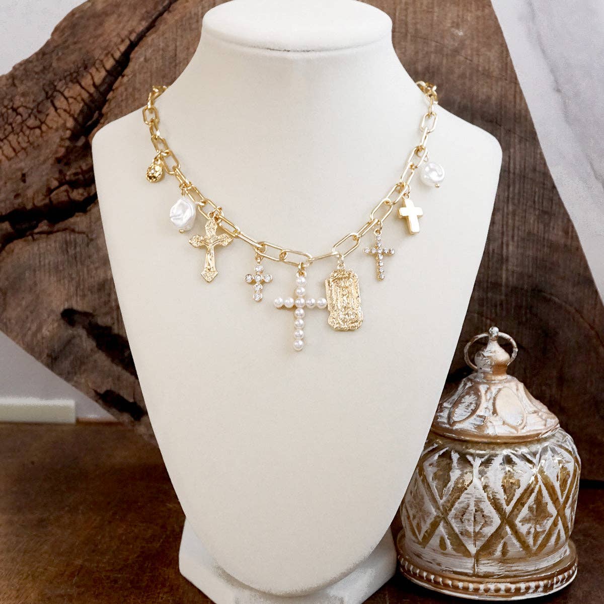 Radiant Faith – Mixed Charm Cascade Necklace in Gold Tone