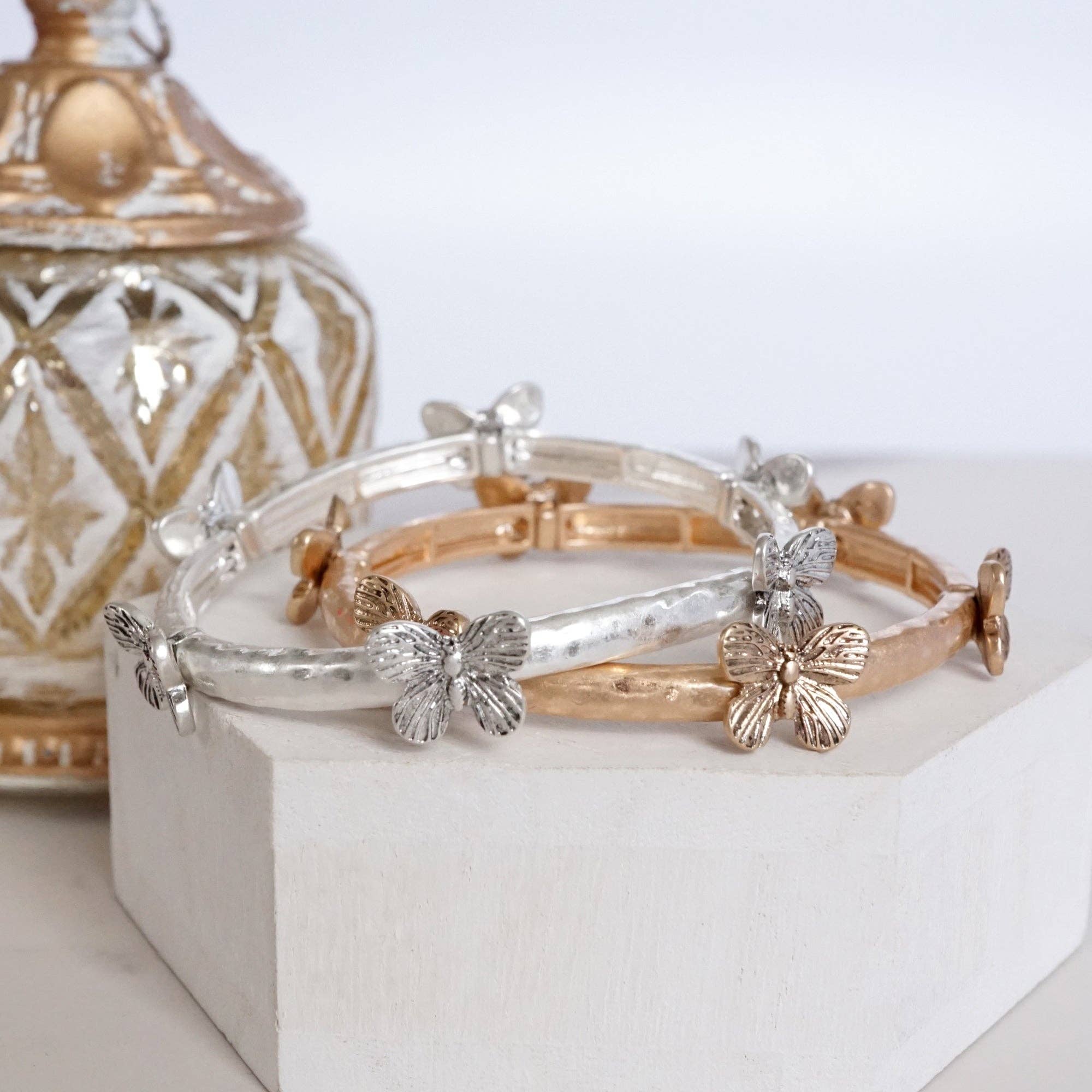 Boho Butterfly Bangle – Worn Silver or Gold Tone: Silver Tone