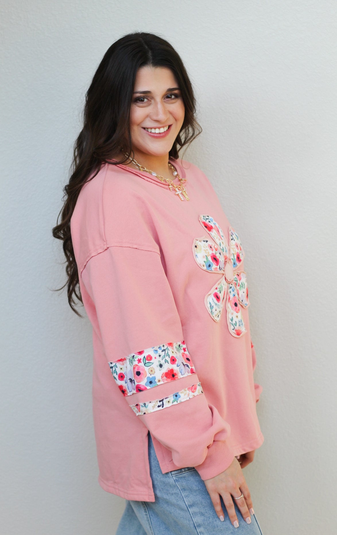 Floral Patchwork Long Sleeve Sweatshirt: Peach Blossom / M