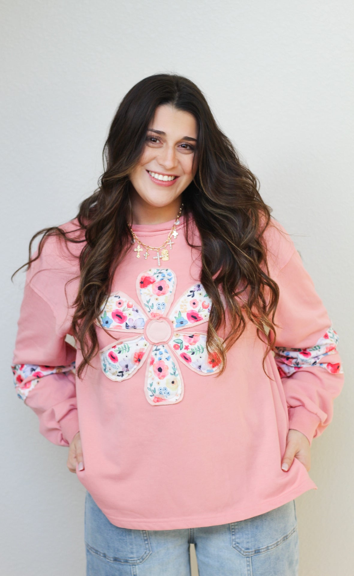 Floral Patchwork Long Sleeve Sweatshirt: Peach Blossom / M