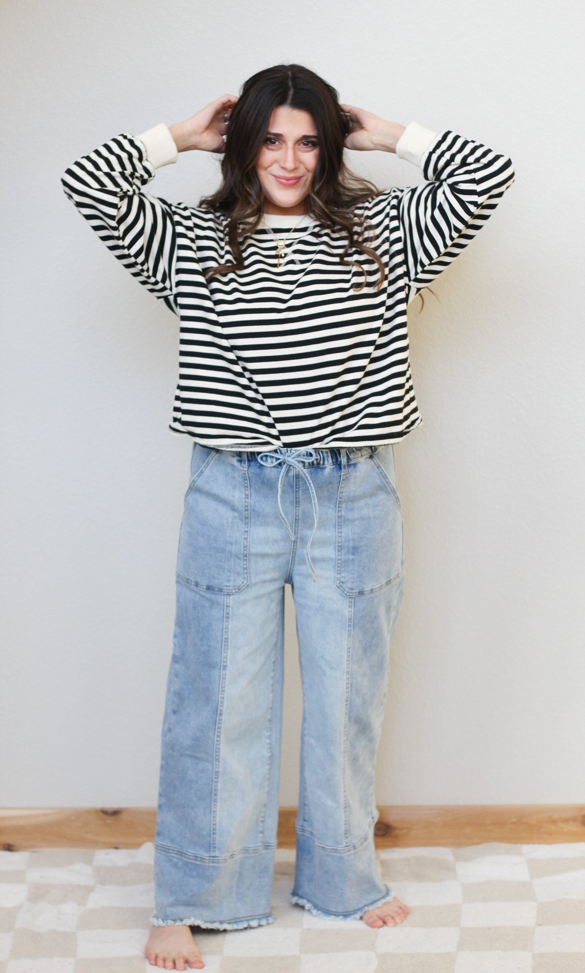 Denim Raw Hem Drawstring Wide Leg Pants: Beau Blue / 8