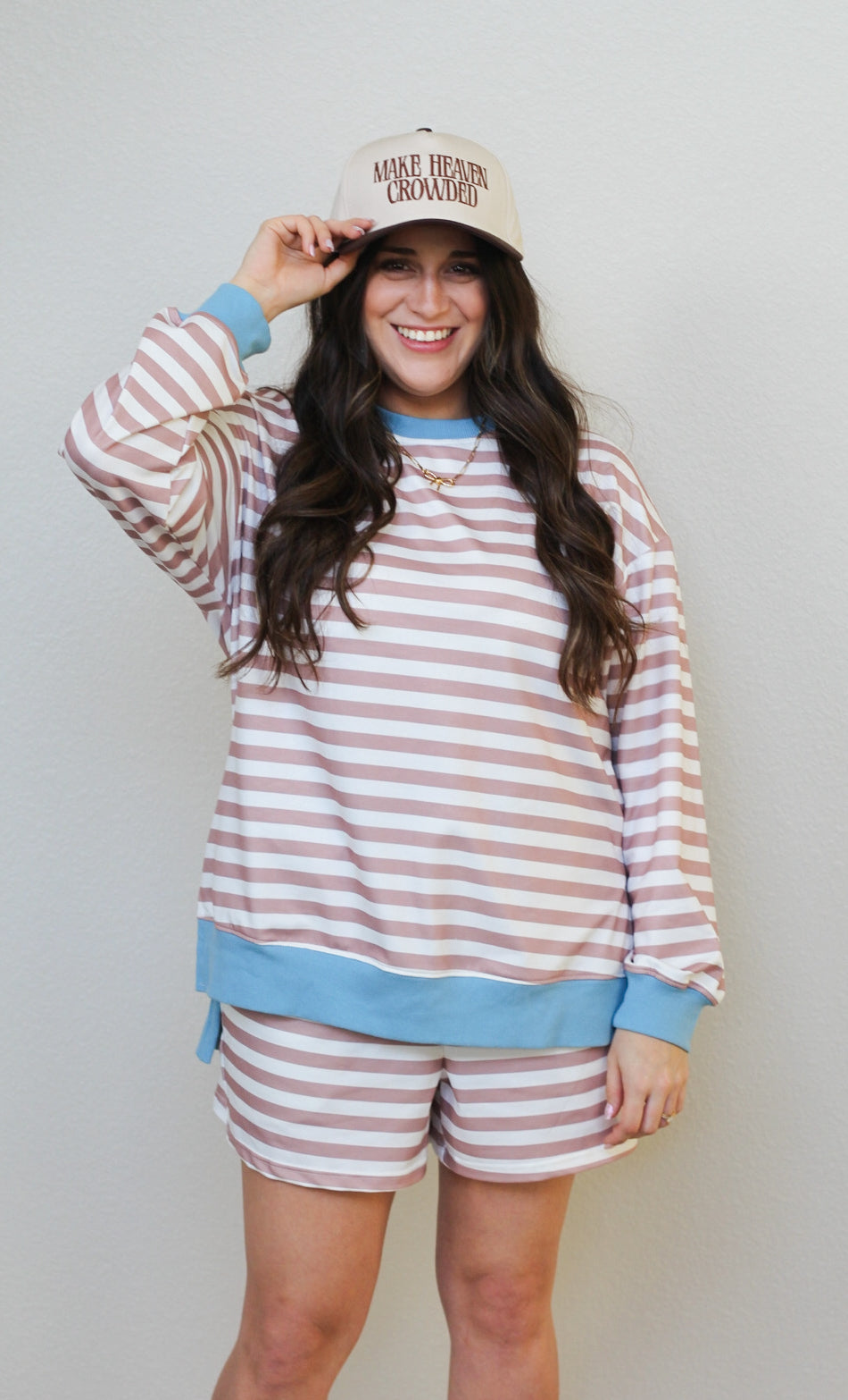 LDC Stripe Patchwork  Pullover Drawstring Shorts 2pcs Set: Khaki / S