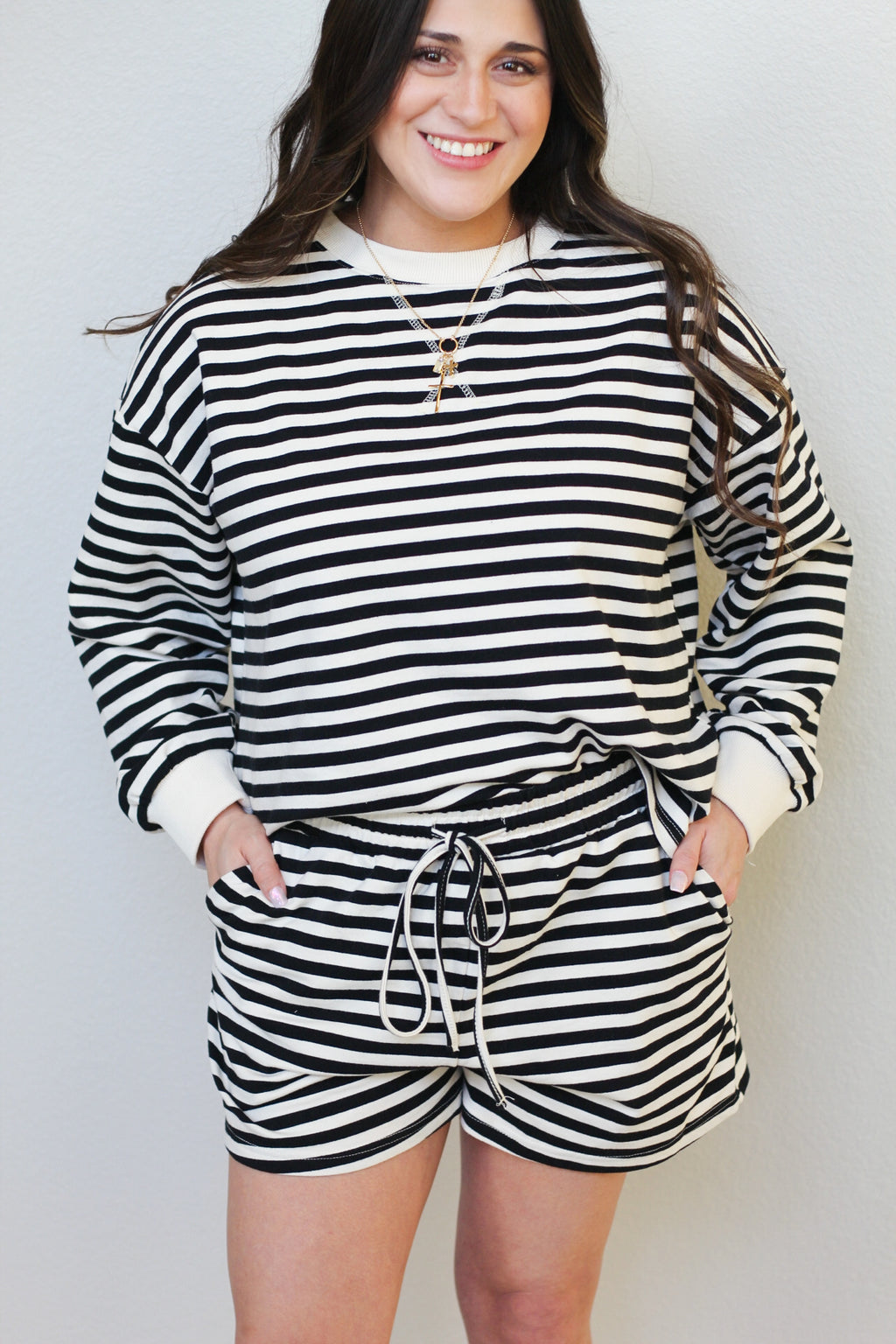 Striped French Terry Lounge Sets: CREAM/BLACK / L