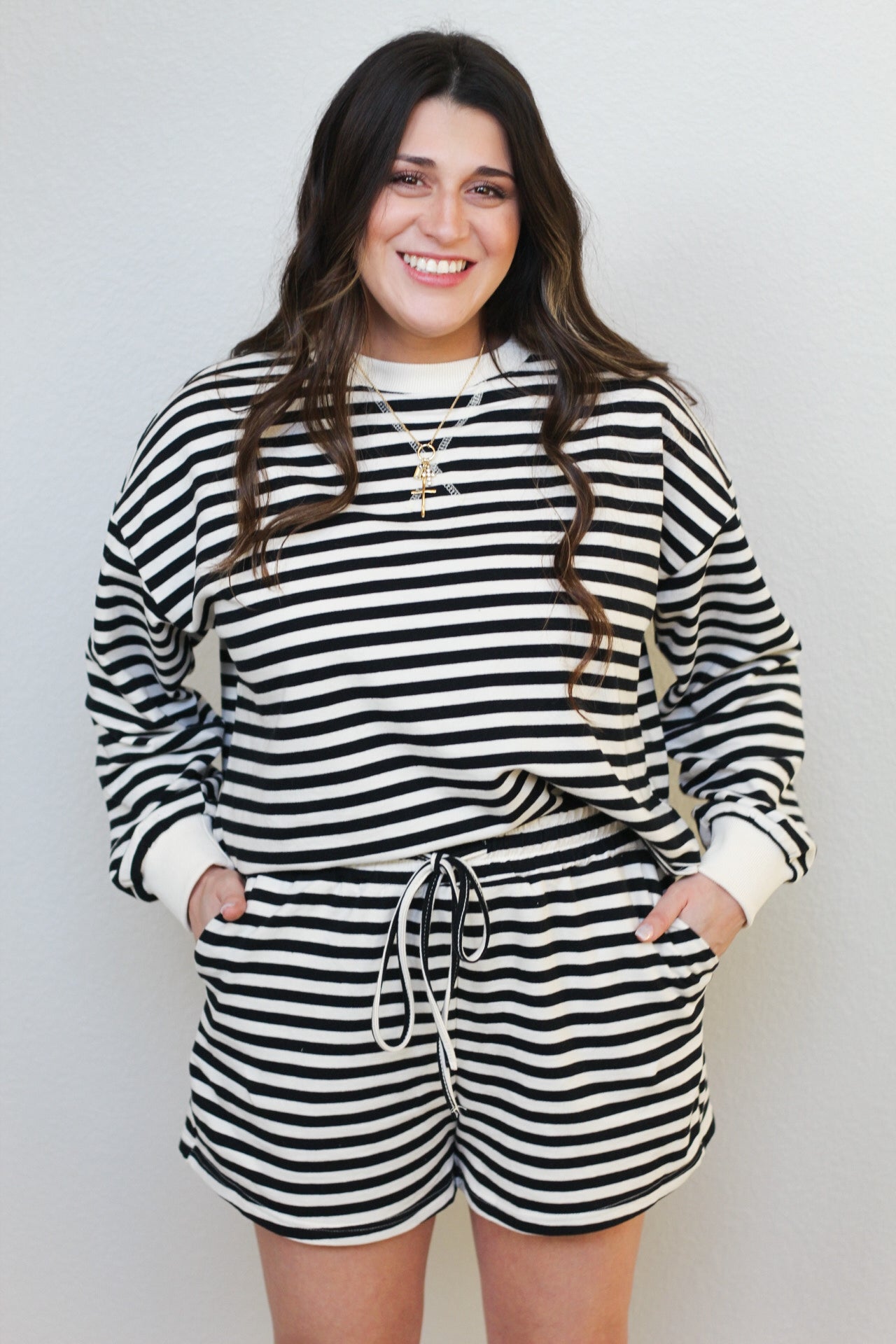Striped French Terry Lounge Sets: CREAM/BLACK / L