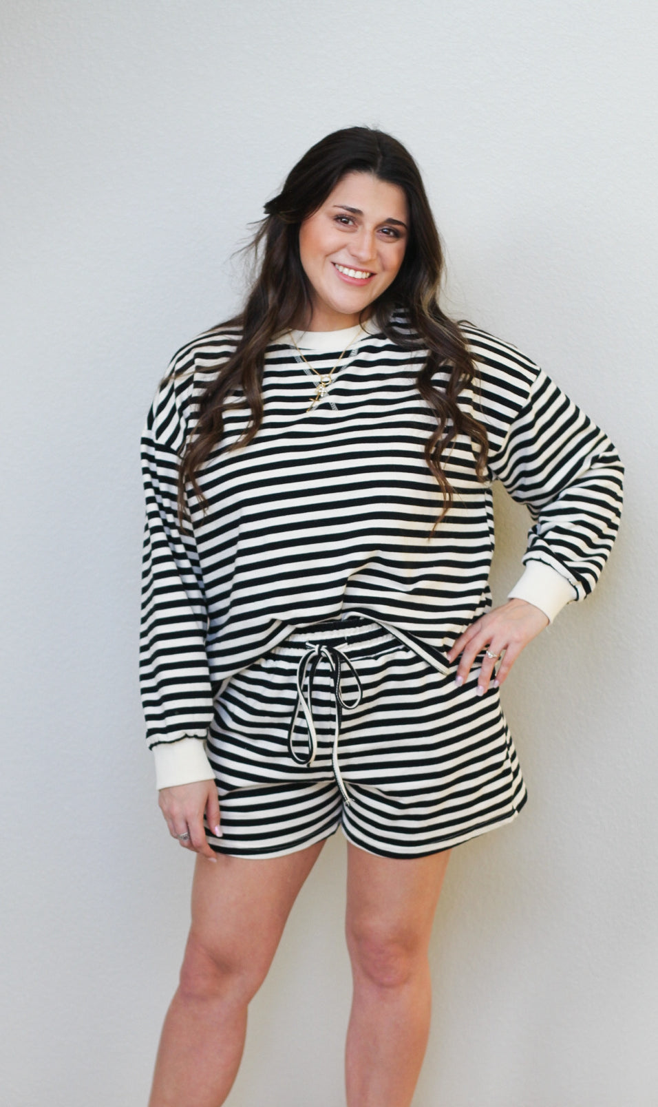 Striped French Terry Lounge Sets: CREAM/BLACK / L