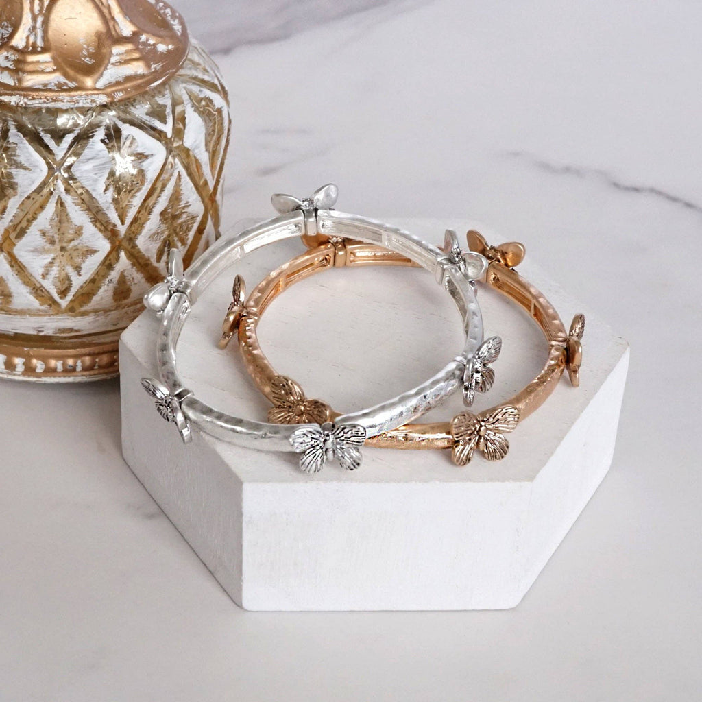 Boho Butterfly Bangle – Worn Silver or Gold Tone: Silver Tone