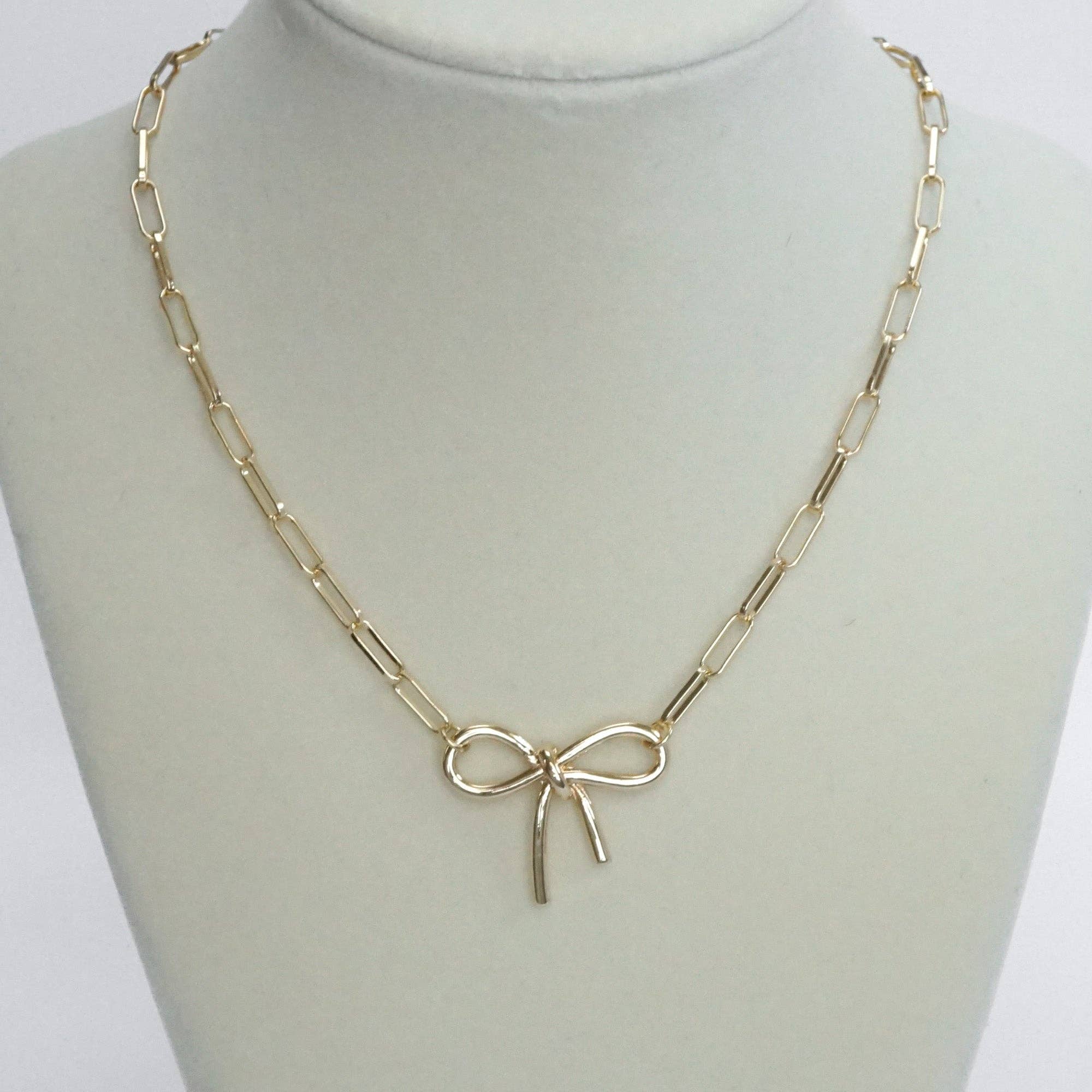 Bow Necklace- Short dainty paperclip chain in gold tone