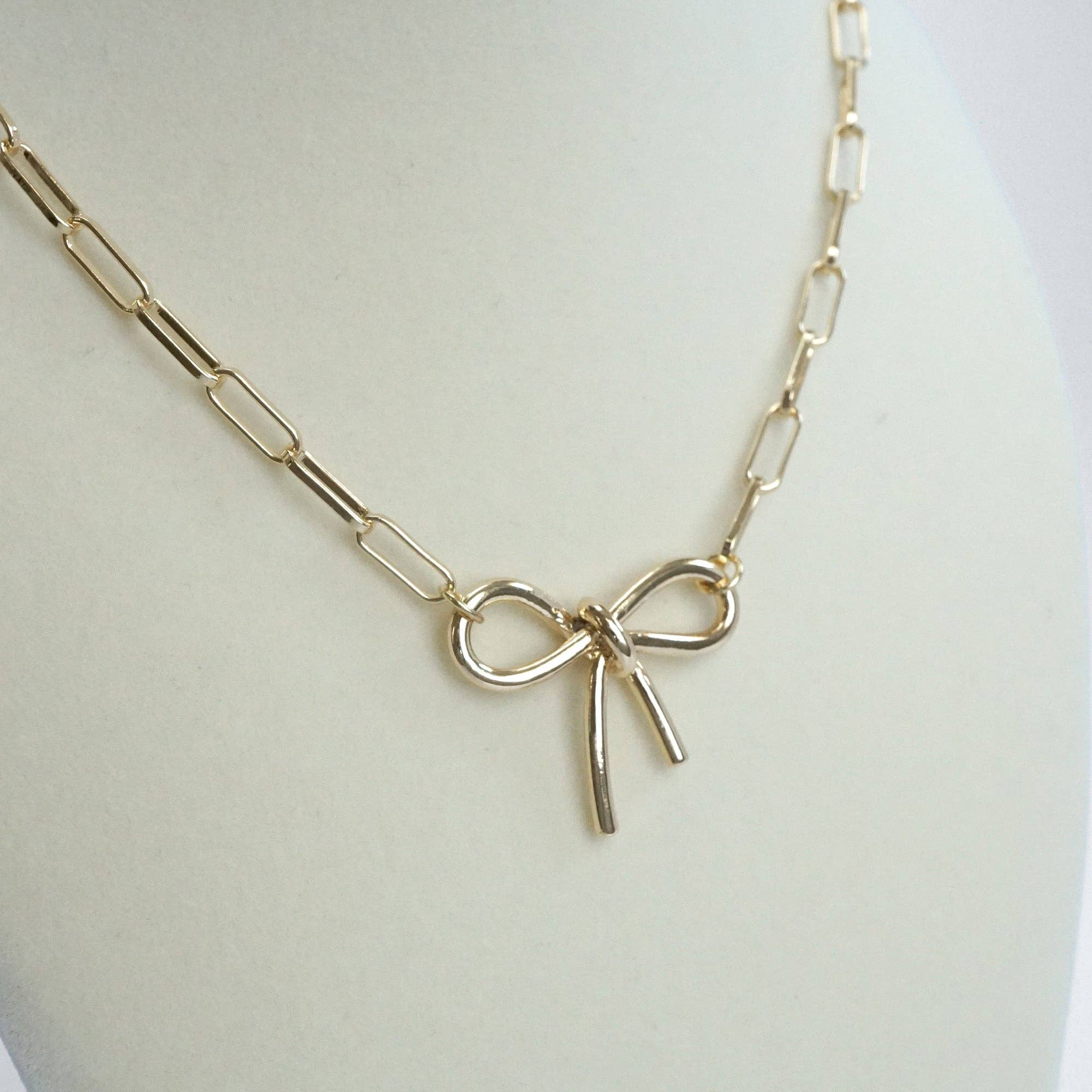 Bow Necklace- Short dainty paperclip chain in gold tone
