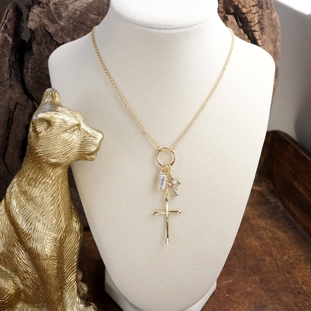 Dainty Cross Charm Cluster Necklace – Gold Tone