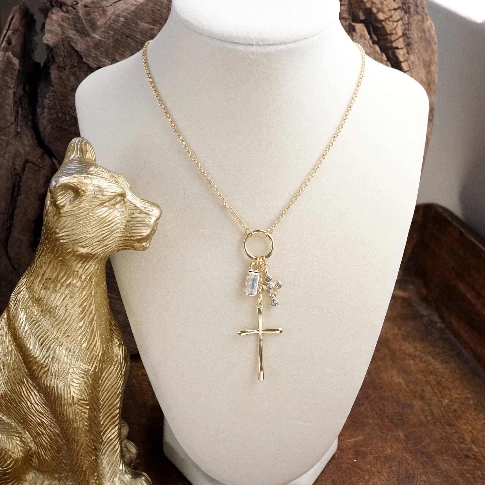 Dainty Cross Charm Cluster Necklace – Gold Tone